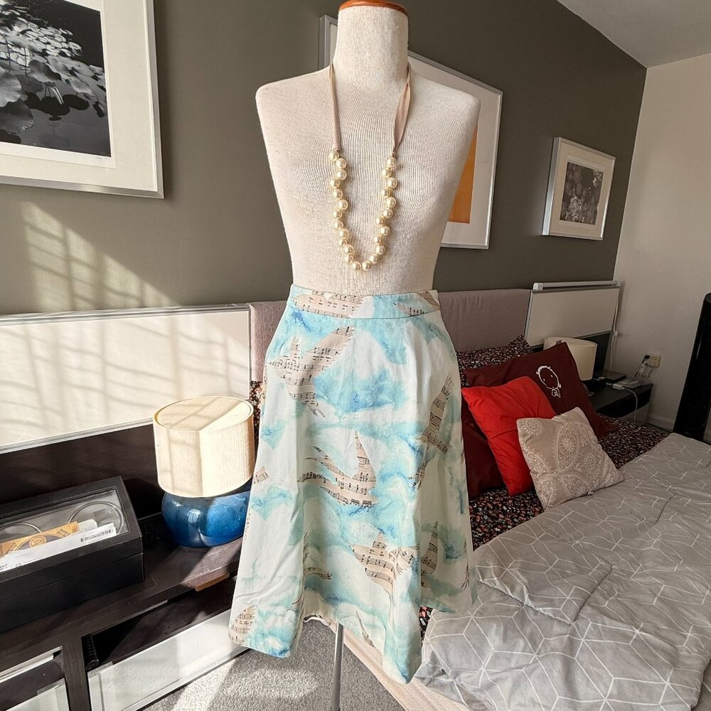 Maeve Anthropologie Song Bird Sky Print Midi A-Line Skirt 100% Cotton US Zero - Picture 2 of 5